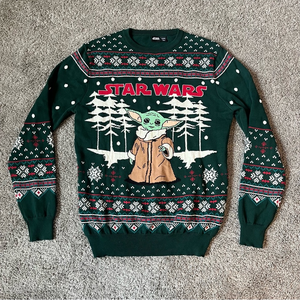Disney Star Wars Baby Yoda Ugly Christmas Sweater Pullover Green Men’s Sz Medium